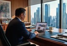 A corporate executive in a suit works at a laptop in a private office, reviewing a personal social media feed, with framed family photographs on the credenza behind.