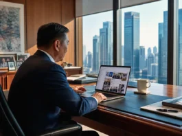 A corporate executive in a suit works at a laptop in a private office