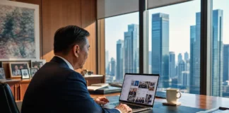 A corporate executive in a suit works at a laptop in a private office