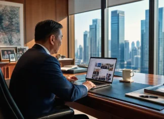 A corporate executive in a suit works at a laptop in a private office, reviewing a personal social media feed, with framed family photographs on the credenza behind.