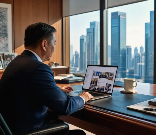 A corporate executive in a suit works at a laptop in a private office, reviewing a personal social media feed, with framed family photographs on the credenza behind.