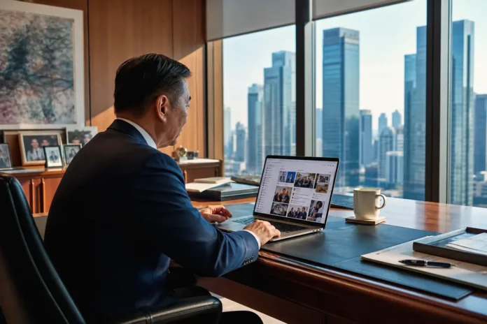 A corporate executive in a suit works at a laptop in a private office A corporate executive in a suit works at a laptop in a private office