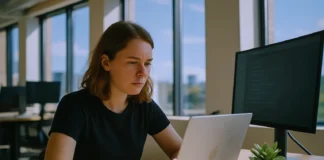 A software engineer works on a laptop at a tidy desk