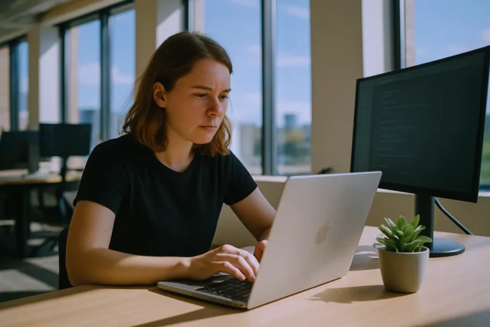 csi-56ea1a5954fdad96-featured-1 A software engineer works on a laptop at a tidy desk in a bright office, with a potted plant and a monitor.