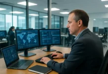 Microsoft: Eight CISO Best Practices Tighten Token Reach Before Detections A man in a casual blazer sits at a desk with multiple computer screens displaying data in a modern office setting.