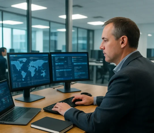 A man in a casual blazer sits at a desk with multiple computer screens