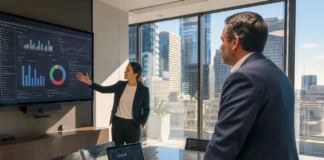A finance executive and a security leader discuss a cyber-resilience dashboard in a modern boardroom with city views.