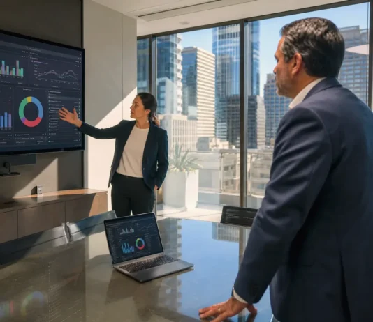 A finance executive and a security leader discuss a cyber-resilience dashboard in a modern boardroom with city views.