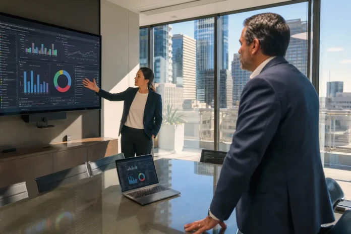 csi-5cb51b0cec5d9b37-featured A finance executive and a security leader discuss a cyber-resilience dashboard in a modern boardroom with city views.