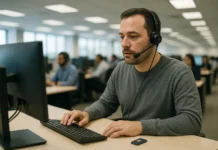 A technician in a gray sweater uses a headset at a workstation, focused on a computer screen in a bright office.