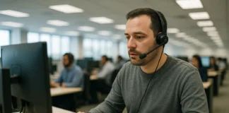A technician in a gray sweater uses a headset at a workstation