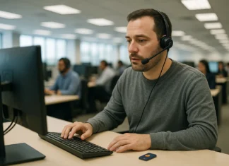 A technician in a gray sweater uses a headset at a workstation, focused on a computer screen in a bright office.
