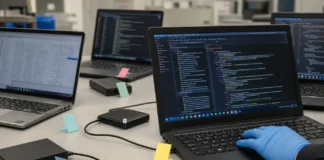 A brightly lit table displays several laptops and external hard drives, each tagged with color-coded adhesive markers.