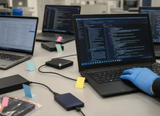 Authorities Dismantle AudiA6, the Ransomware Crypto Laundering Service Behind $380M A brightly lit table displays several laptops and external hard drives, each tagged with color-coded adhesive markers.