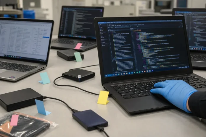 csi-60cdb3efccaf770e-featured-1 A brightly lit table displays several laptops and external hard drives, each tagged with color-coded adhesive markers.