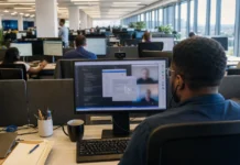 A modern open-plan office with rows of desks and monitors, brightly lit, featuring a person at a workstation.