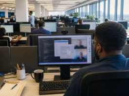 IT Support Impersonation Turns a Teams Chat Into Domain-Controller Access A modern open-plan office with rows of desks and monitors, brightly lit, featuring a person at a workstation.