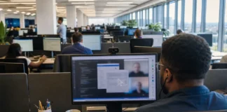A modern open-plan office with rows of desks and monitors, brightly lit, featuring a person at a workstation.