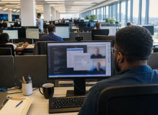 A modern open-plan office with rows of desks and monitors, brightly lit, featuring a person at a workstation.