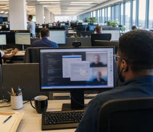 A modern open-plan office with rows of desks and monitors, brightly lit, featuring a person at a workstation.