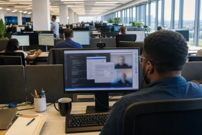 A modern open-plan office with rows of desks and monitors, brightly lit, featuring a person at a workstation.