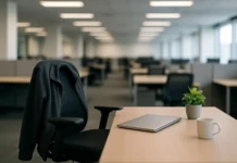 An empty corporate office workstation with a chair, jacket, laptop, and plant, illuminated by overhead lights.