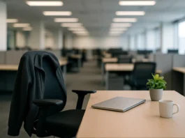An empty corporate office workstation with a chair, jacket, laptop.