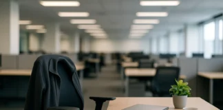 An empty corporate office workstation with a chair, jacket, laptop.