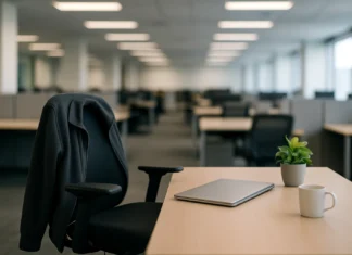 An empty corporate office workstation with a chair, jacket, laptop, and plant, illuminated by overhead lights.