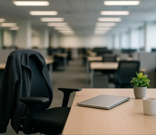 An empty corporate office workstation with a chair, jacket, laptop.