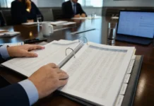 CISO Personal Liability Fears Nearly Double as AI Governance Mandates Expand Close-up of two hands on an open governance binder with dense, lightly defocused pages on a boardroom table.