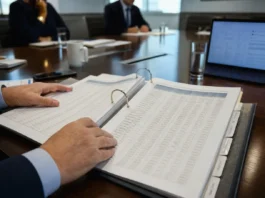 CISO Personal Liability Fears Nearly Double as AI Governance Mandates Expand Close-up of two hands on an open governance binder with dense, lightly defocused