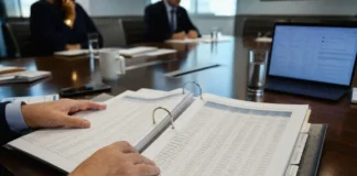 Close-up of two hands on an open governance binder with dense, lightly defocused