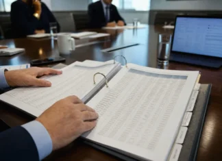 CISO Personal Liability Fears Nearly Double as AI Governance Mandates Expand Close-up of two hands on an open governance binder with dense, lightly defocused pages on a boardroom table.