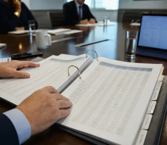 Close-up of two hands on an open governance binder with dense, lightly defocused pages on a boardroom table.