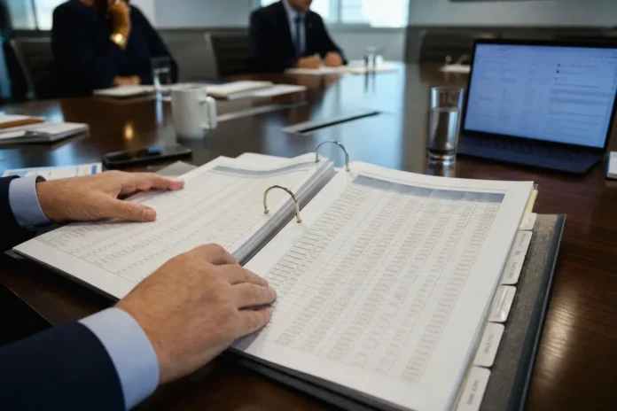 csi-6cc8571312c85fce-featured Close-up of two hands on an open governance binder with dense, lightly defocused pages on a boardroom table.