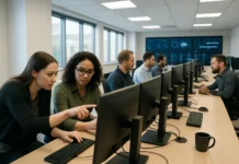 A bright security operations center with analysts at multi-monitor workstations, discussing and analyzing data in a collaborative setting.