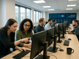 A bright security operations center with analysts at multi-monitor workstation