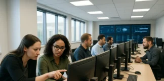 AI Security Adds Defender Burden Faster Than Skills Catch Up A bright security operations center with analysts at multi-monitor workstation