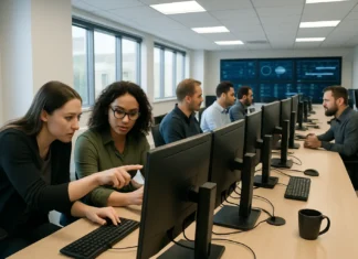 A bright security operations center with analysts at multi-monitor workstations, discussing and analyzing data in a collaborative setting.