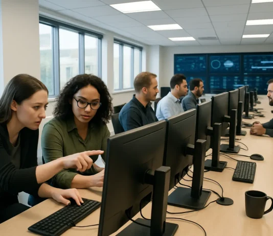 A bright security operations center with analysts at multi-monitor workstations, discussing and analyzing data in a collaborative setting.