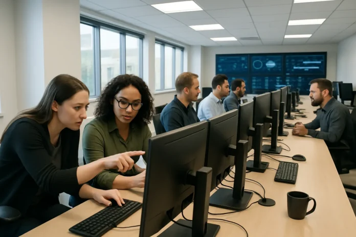 csi-6f2f2789bde0228f-featured-2 A bright security operations center with analysts at multi-monitor workstations, discussing and analyzing data in a collaborative setting.