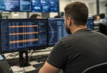 Ransomware Deletes Your Backups First. Detection Engineering Catches That. A person sits at a workstation in a bright security operations center, facing dual monitors displaying data and alerts.