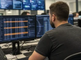 A person sits at a workstation in a bright security operations center, facing dual monitors displaying data and alerts.