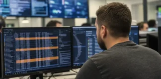 A person sits at a workstation in a bright security operations center, facing dual monitors displaying data and alerts.