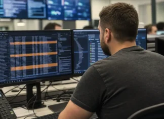 Ransomware Deletes Your Backups First. Detection Engineering Catches That. A person sits at a workstation in a bright security operations center, facing dual monitors displaying data and alerts.