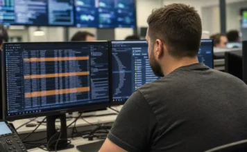 Ransomware Deletes Your Backups First. Detection Engineering Catches That. A person sits at a workstation in a bright security operations center, facing dual monitors displaying data and alerts.