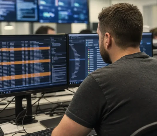 Ransomware Deletes Backups First. Detection Catches It. A person sits at a workstation in a bright security operations center, facing dual monitors displaying data and alerts.