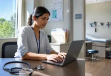 A woman sits at a desk in a bright hospital office, reviewing a laptop displaying vendor names and software.