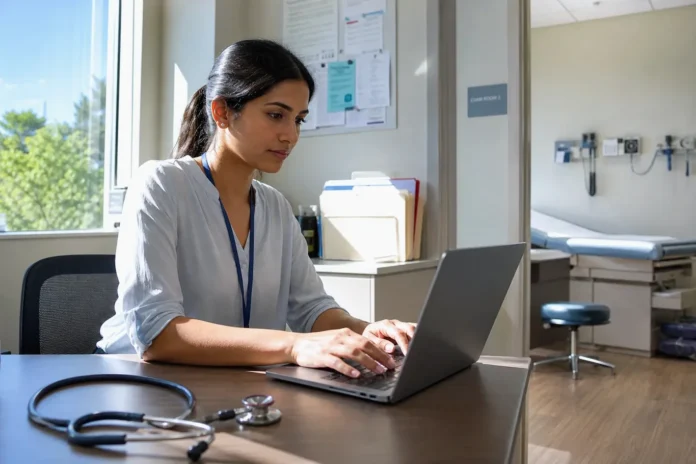 A woman sits at a desk in a bright hospital office, reviewing a laptop displaying vendor names and software.